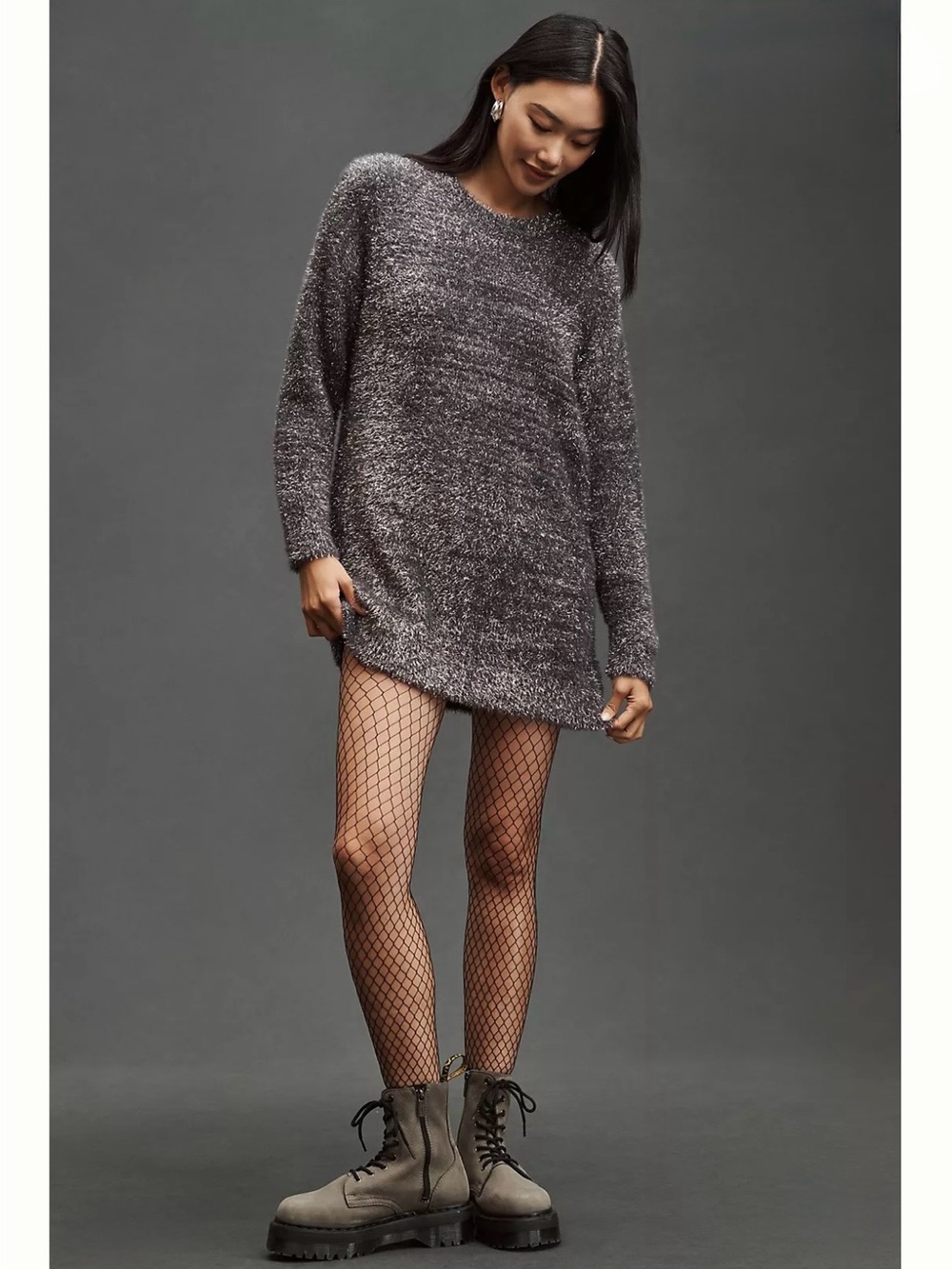 Anthropologie Grey Silver Metallic Eyelash Knit Mini Sweater Jumper Dress Medium